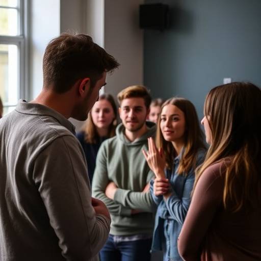 A diverse group of actors practicing improvisation techniques in a London acting class